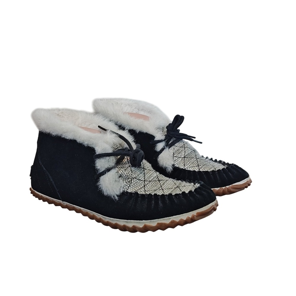 Sorel Out N About Moc Boots Women 9 Black Silver Suede Faux Fur Moccasin Slipper